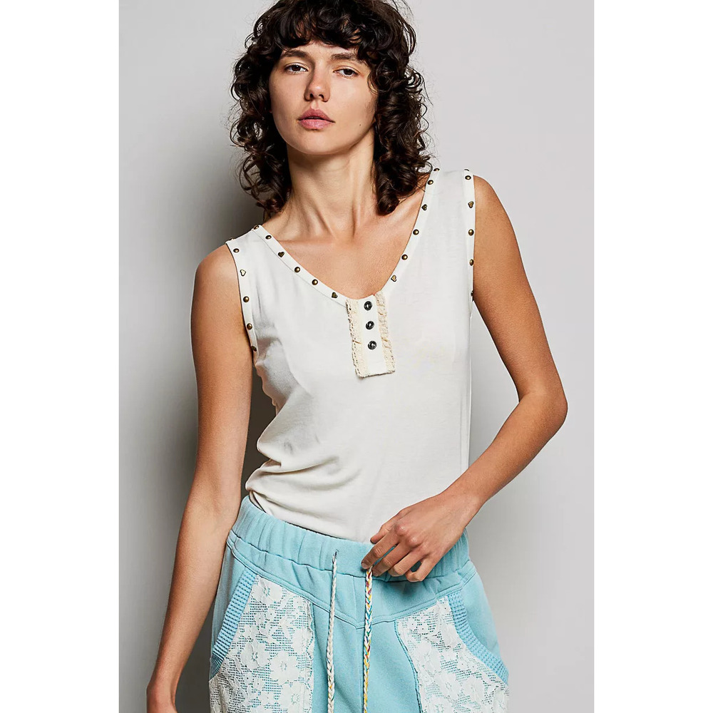 POL Studded Trim Button-Front Ruffle Detail Tank